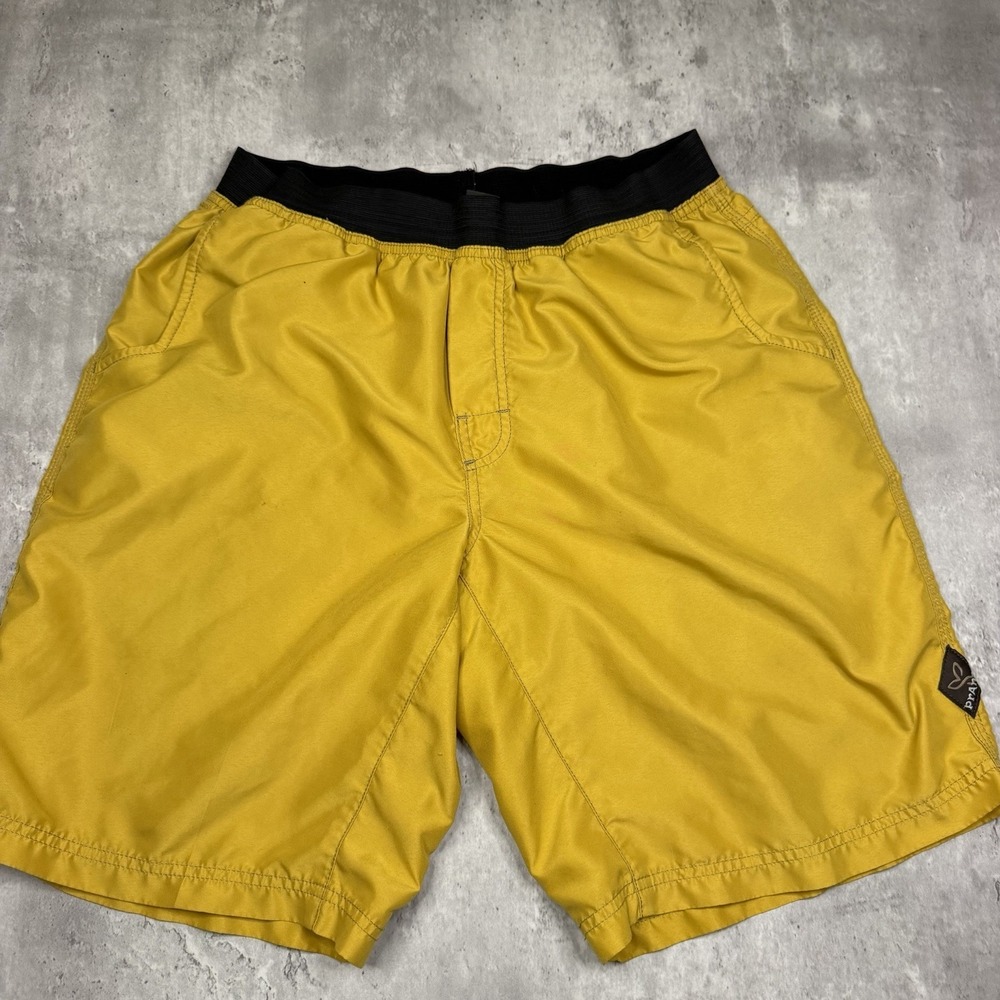 prAna Mojo Men Large Athletic Shorts Yellow Black Elastic Waistband 1963761
